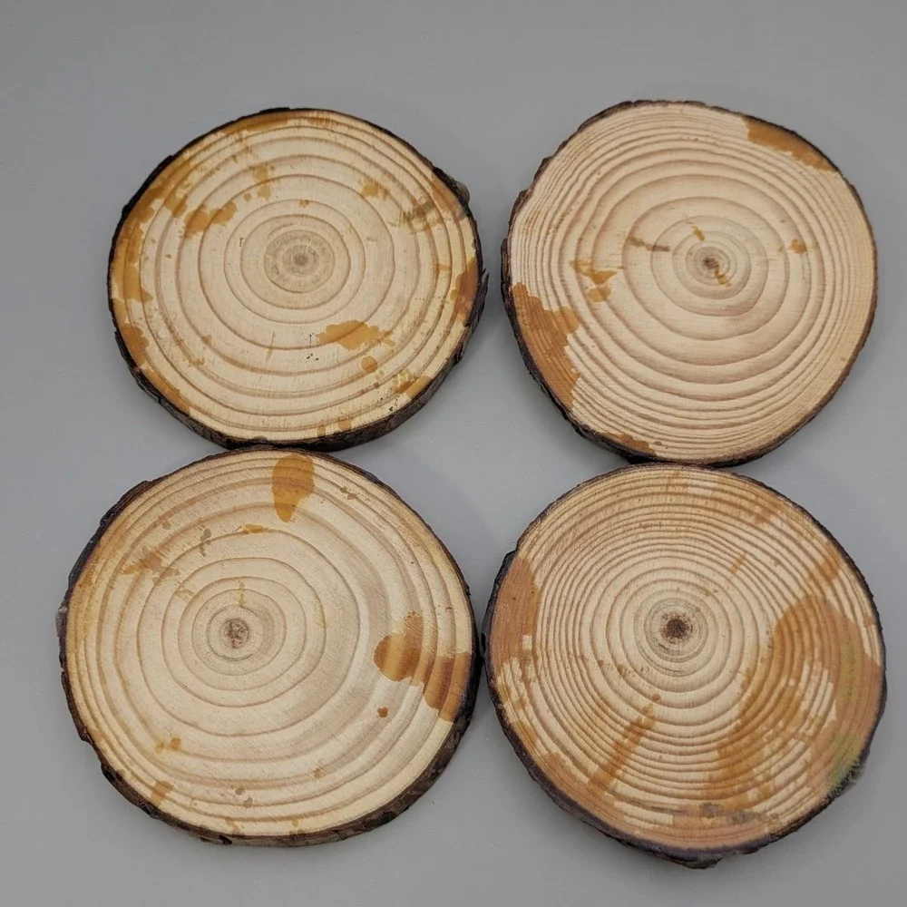 Hand Painted‎ Wood Slice Coasters Set of 4 Floral Butterfly Live Edge Rustic Art